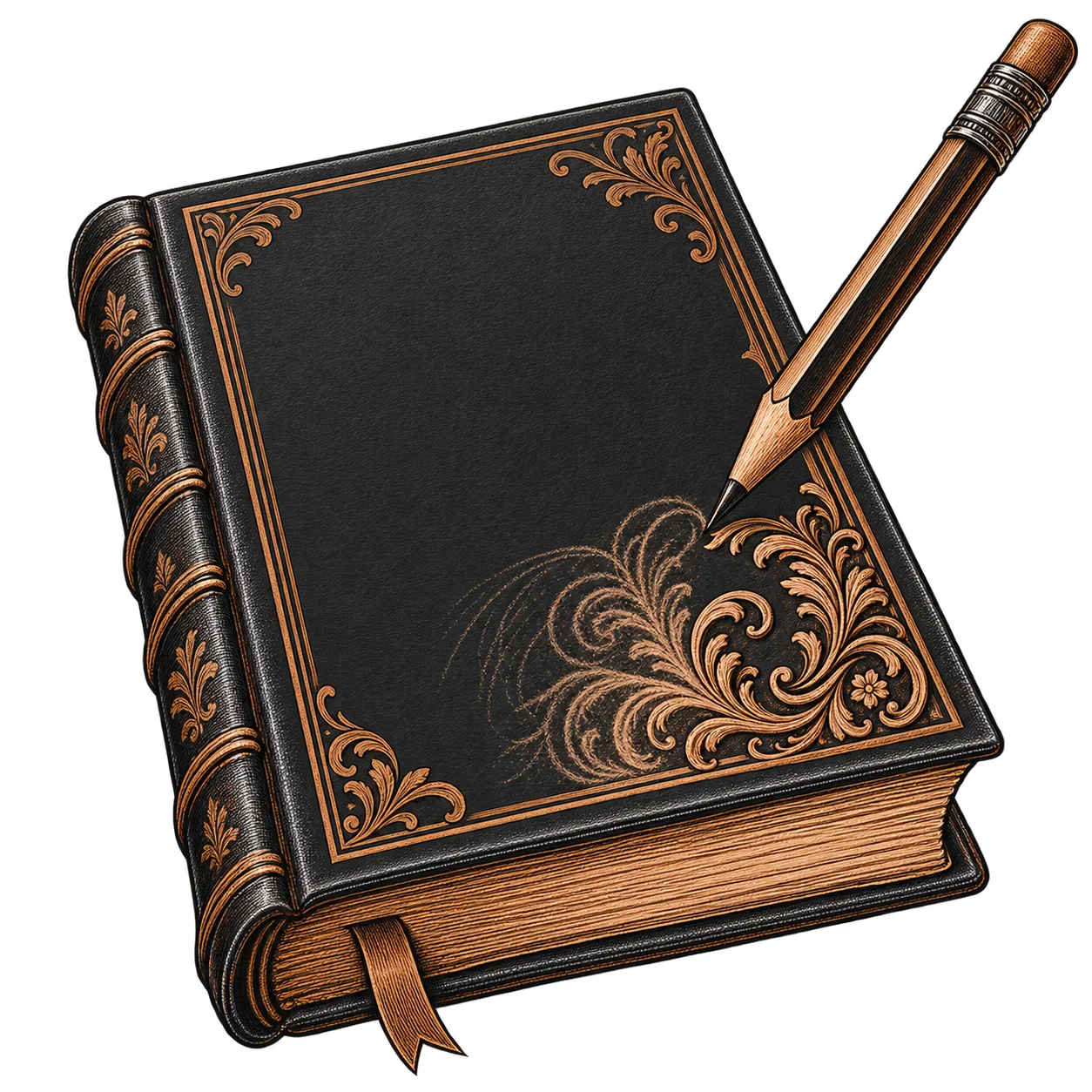 A pencil redrawing the flourish on the cover of a bound book