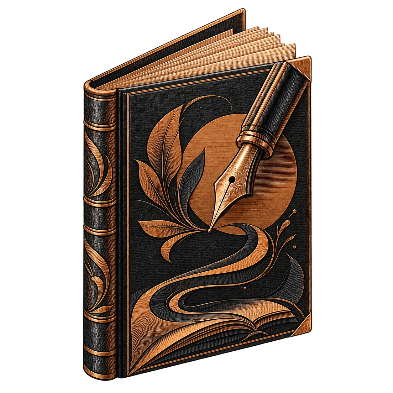 A bound book with a fountain pen nib and flowing ribbon set into its cover