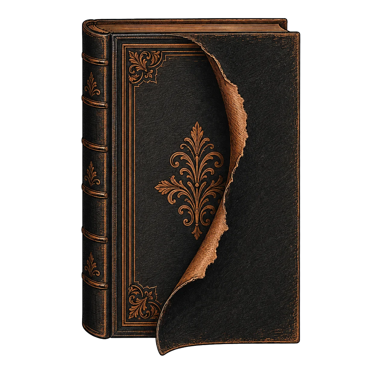 A bound book with its cover peeling back to reveal a fresh surface beneath