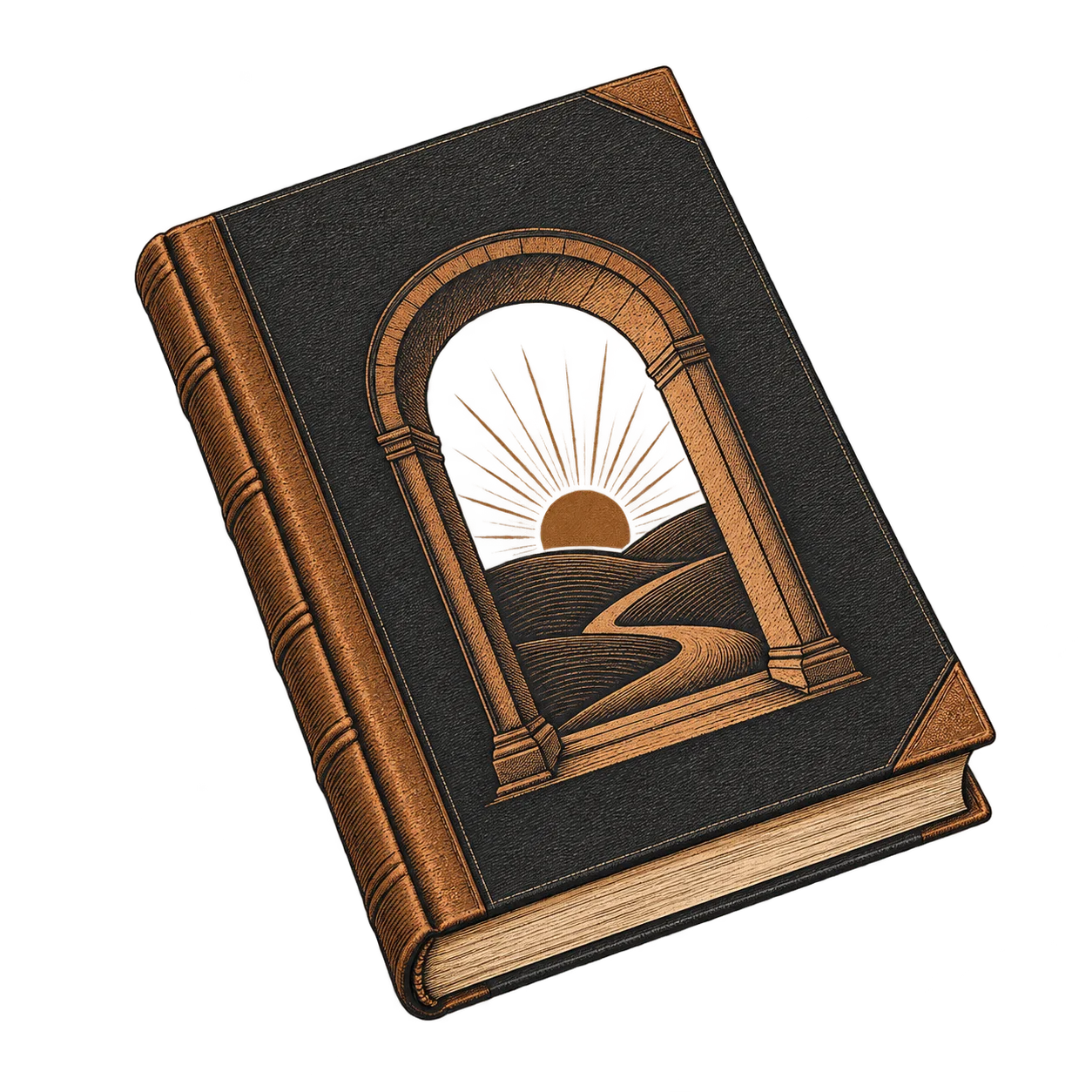 A bound book whose cover shows a sunrise over a winding road, framed by a stone arch