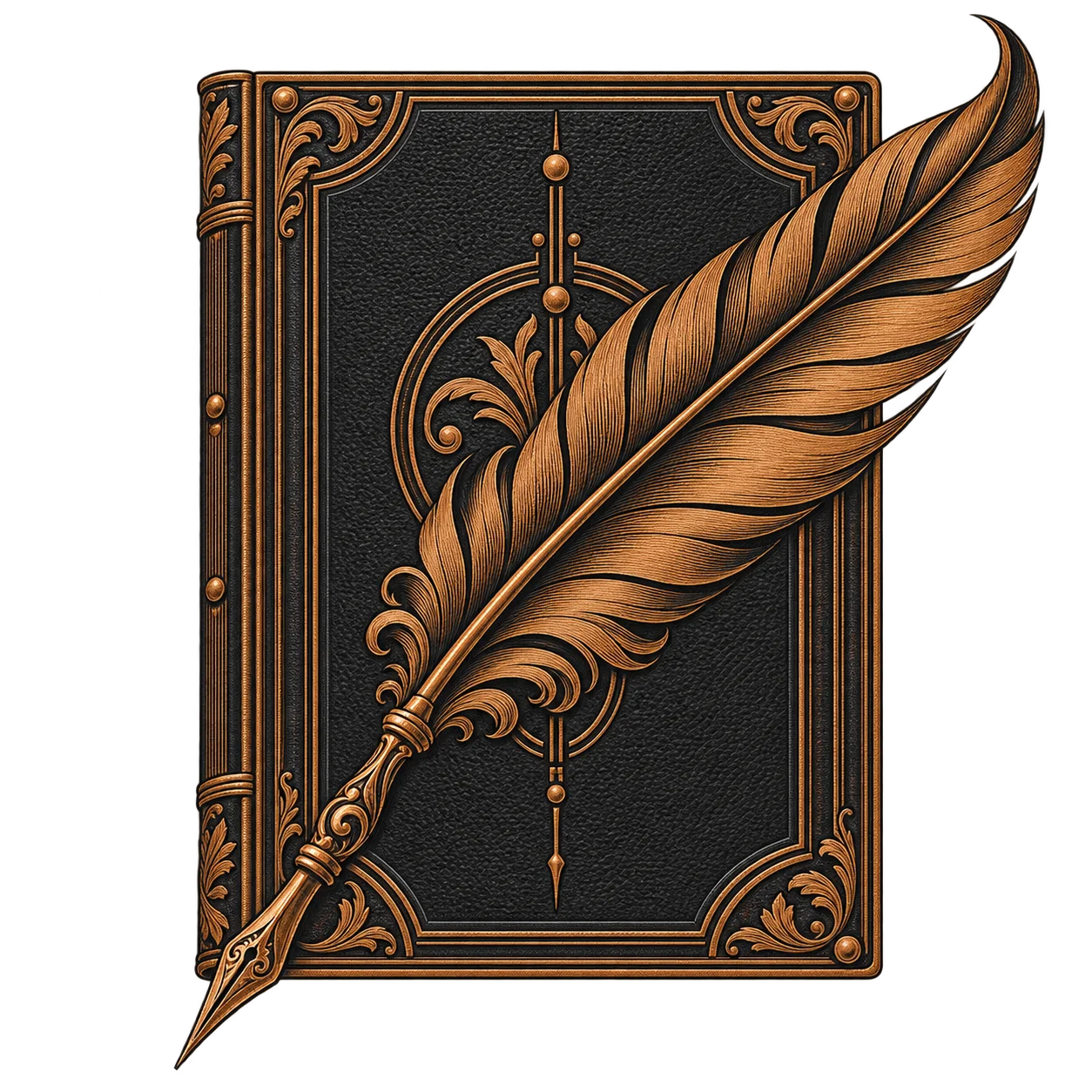 A gilded quill resting across the ornate cover of a leather-bound book