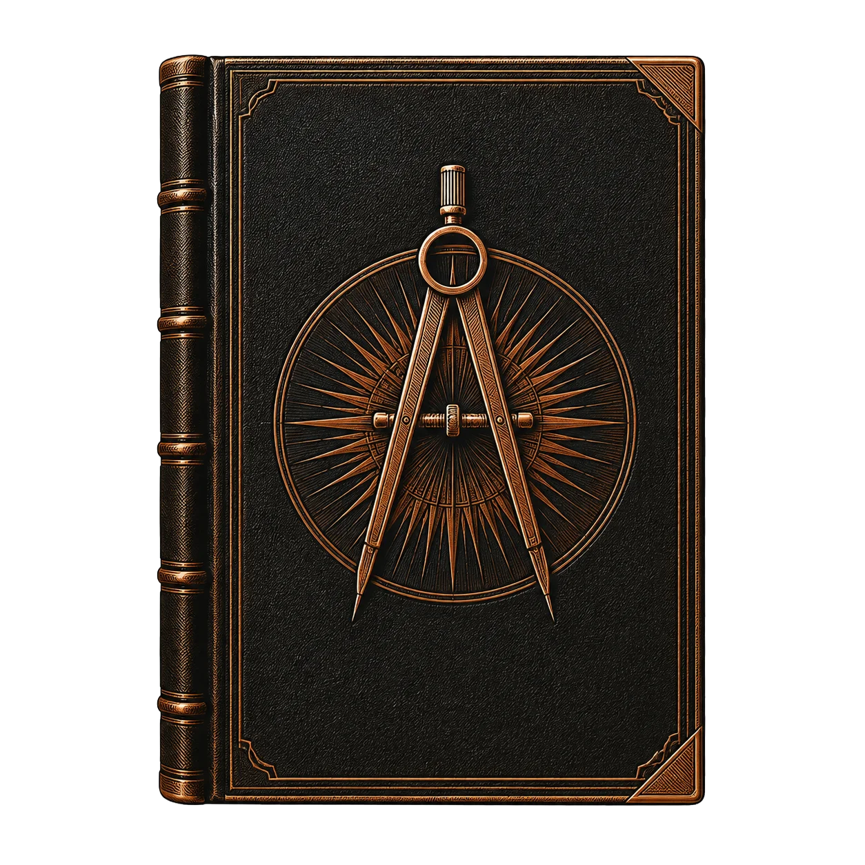 A leather-bound book tooled with a drawing compass over a starburst medallion