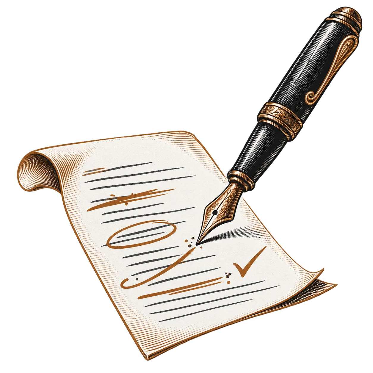 A fountain pen working through a sheet of manuscript, phrases circled and struck out