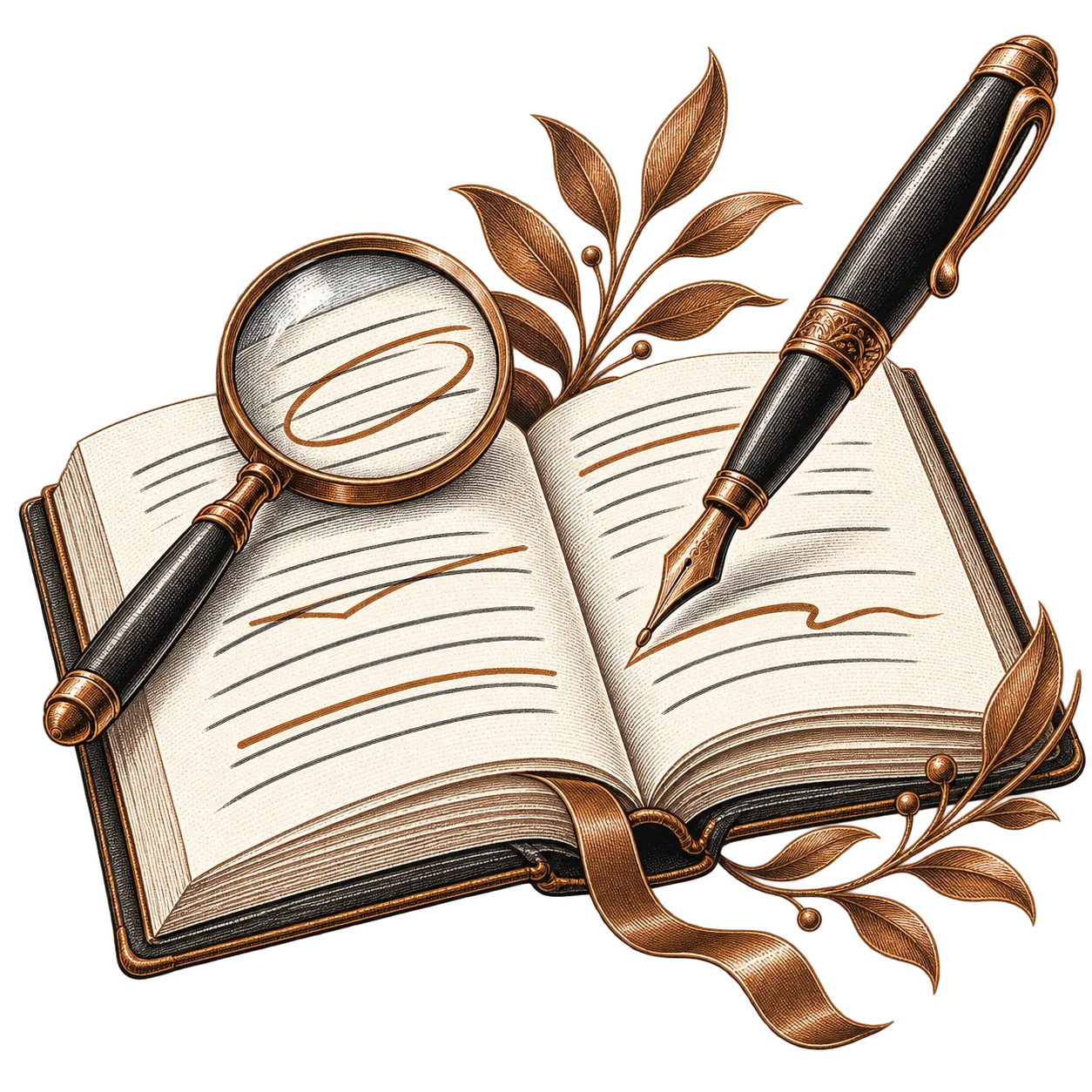 An open book with a magnifier and fountain pen over marked-up lines