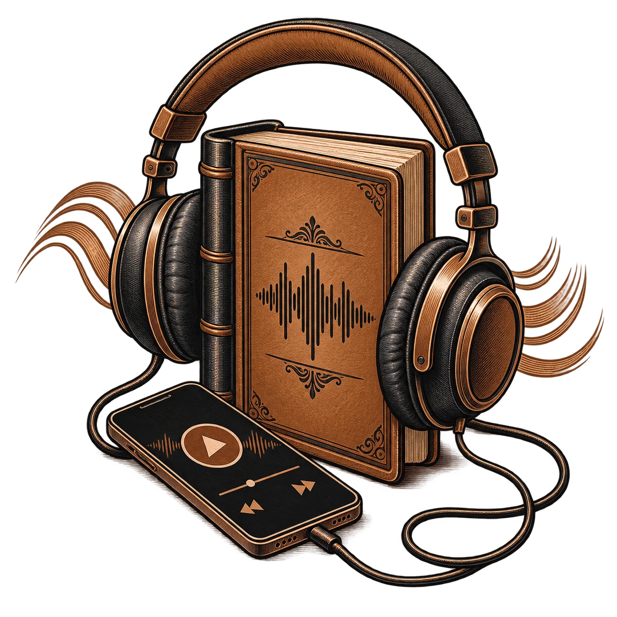Headphones resting around a book with a soundwave on its cover, beside a phone showing a player