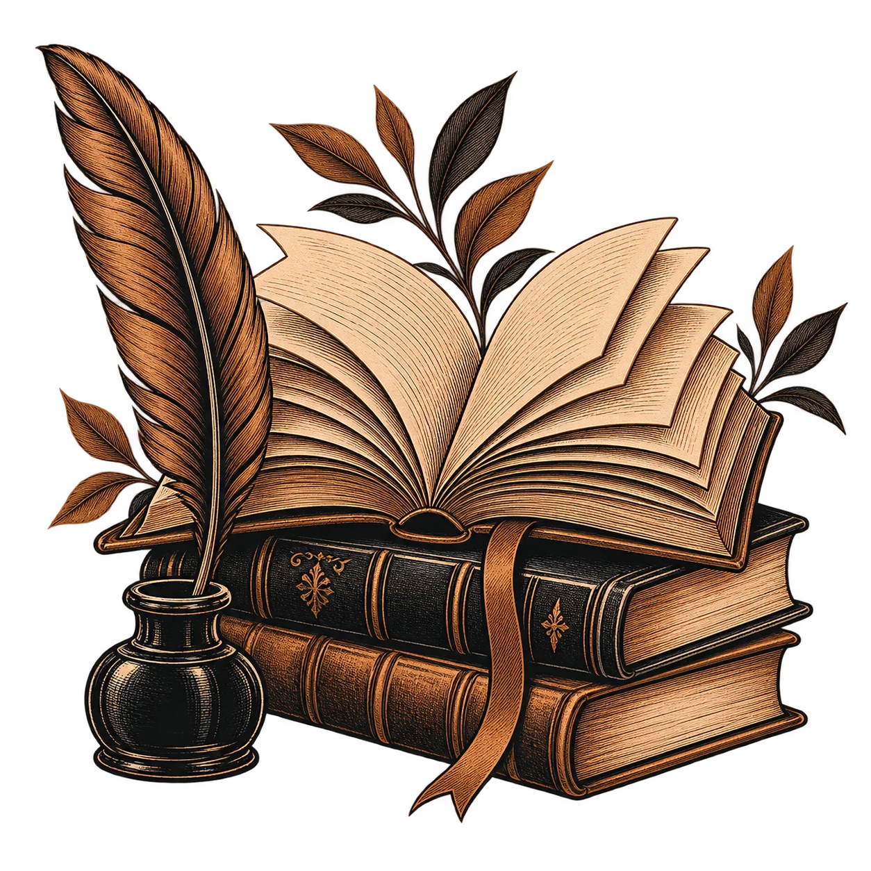 A book with fanned pages open on a stack of bound volumes, a ribbon marker trailing from it