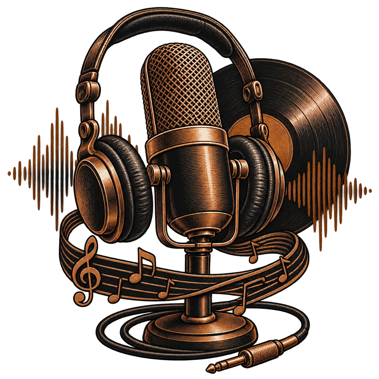 A studio microphone and headphones against a vinyl record, wrapped in a stave of music