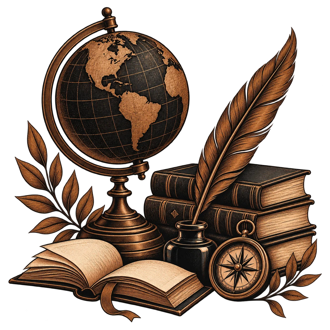 A globe, quill and compass beside a stack of bound books and an open volume