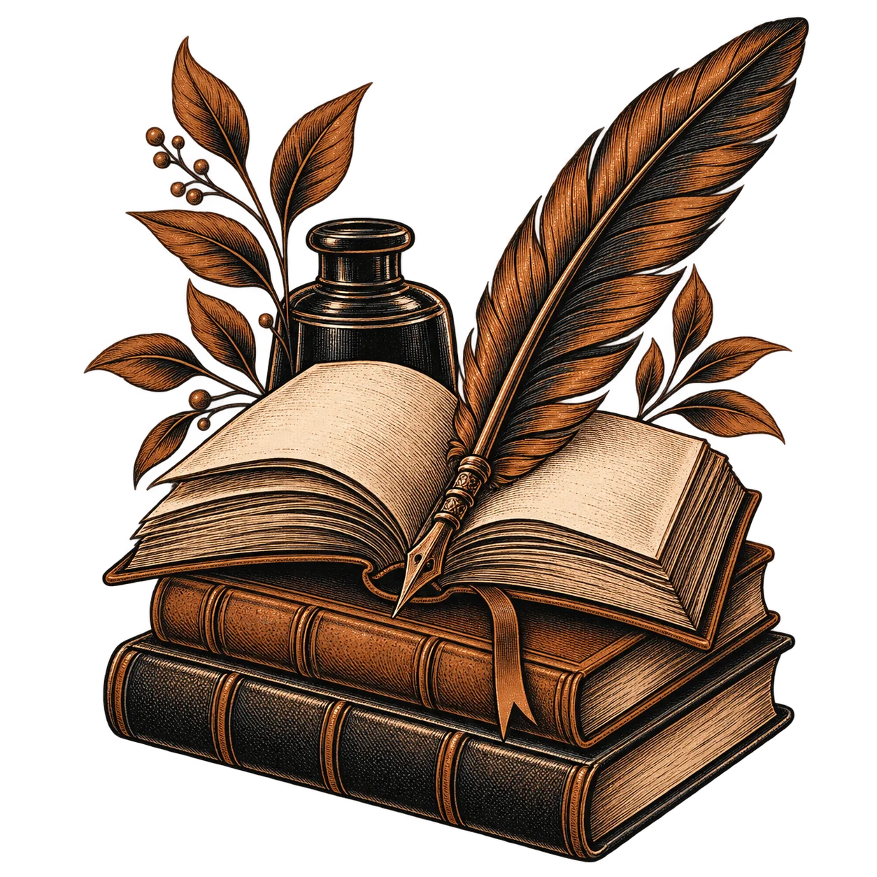 An open book on a stack of bound volumes, beside a quill standing in an inkwell