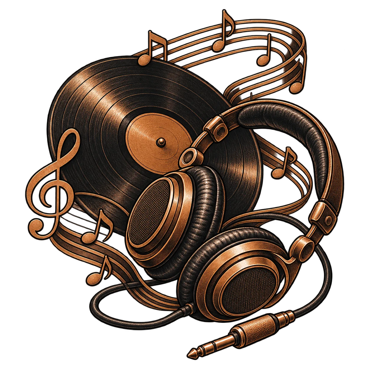 Headphones and a vinyl record wound through a flowing stave of music