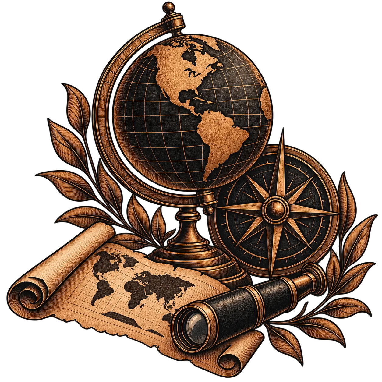 A globe, compass, telescope and rolled world map, drawn in line and shading