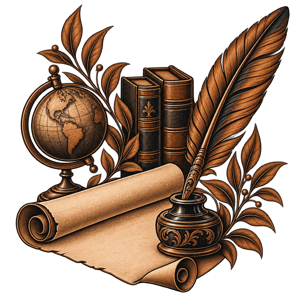 A globe and bound books behind an unrolled scroll, with a quill in its inkwell