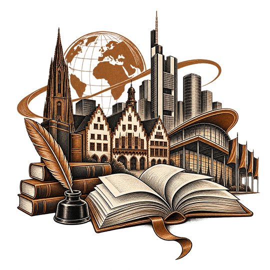The Frankfurt skyline of cathedral spire, gabled townhouses and office towers behind an open book, a quill, an inkwell and a stack of bound volumes
