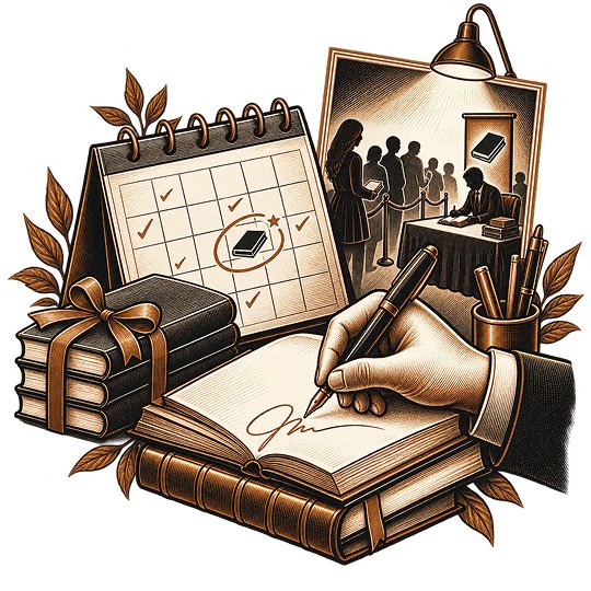 An open book signed with a fountain pen beside stacked volumes, a calendar marking the date and a framed scene of readers queueing at a signing table