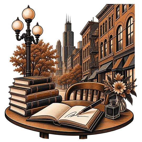 An open book signed on a cafe table with a fountain pen and inkwell, on a Printers Row street of brick shopfronts beneath the Chicago skyline