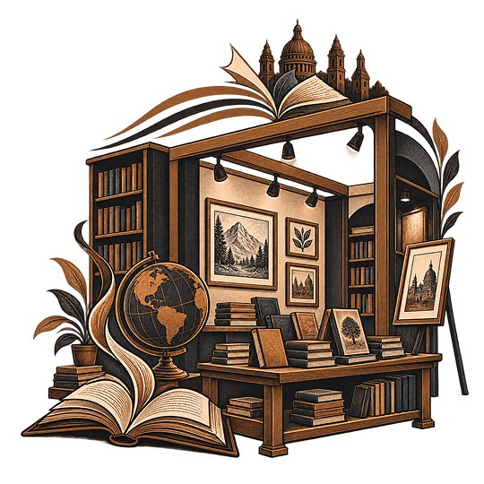 A timber gallery stand of shelved books, framed prints and a globe, with pages spilling from an open book at its foot