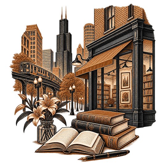A corner bookshop front beneath an elevated train line and the Chicago skyline, with stacked books, an open book and a fountain pen in front of it