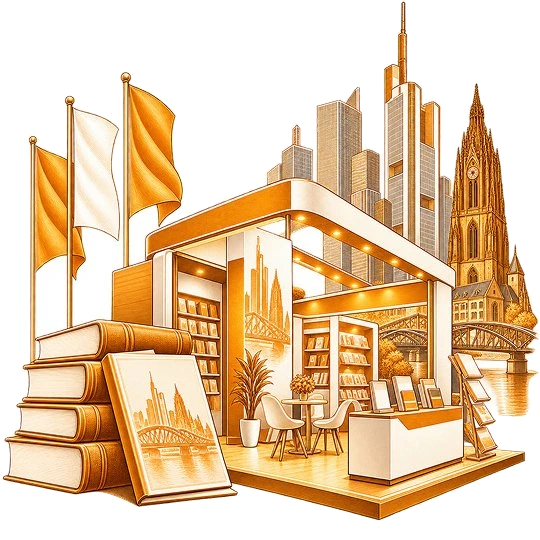 An open-fronted exhibition stand of shelved books, a meeting table and a literature rack, with flags, stacked books and the Frankfurt skyline behind
