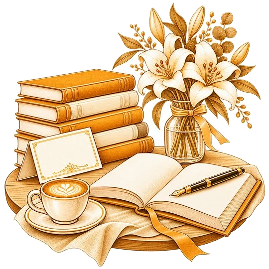 An open book and fountain pen on a round table with a blank standing card, beside stacked volumes, a cup of coffee and a vase of lilies