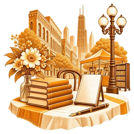 A blank standing card and a fountain pen on a draped table beside stacked books and a vase of flowers, with a market marquee, a street lamp and the Chicago skyline behind