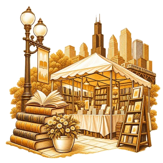 A marquee of book tables and a print rack beneath a banner-hung street lamp, the Chicago skyline and elevated line behind, with stacked books and an open book in front
