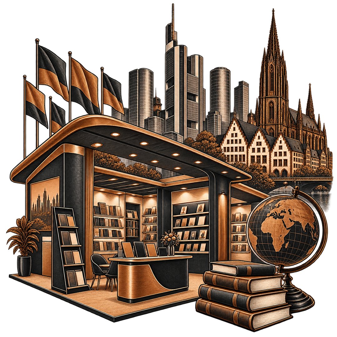 An open-fronted trade stand of shelved books, a meeting table and a literature rack, with flags, the Frankfurt skyline and a globe on a stack of books behind