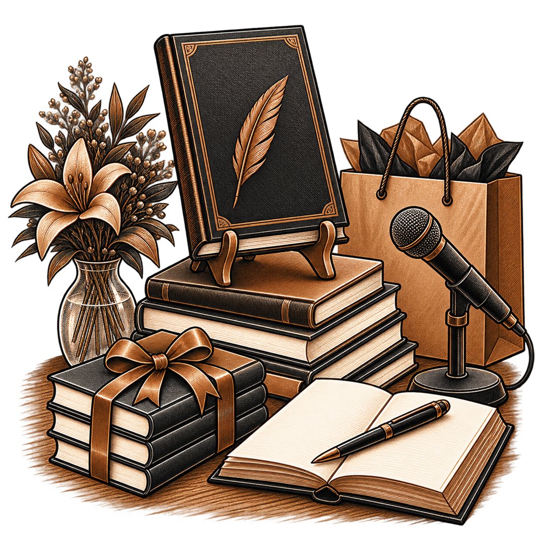 A book standing on an easel above a stack of volumes, with an open book and pen, a gift-wrapped set, a microphone on its stand and a bouquet around it