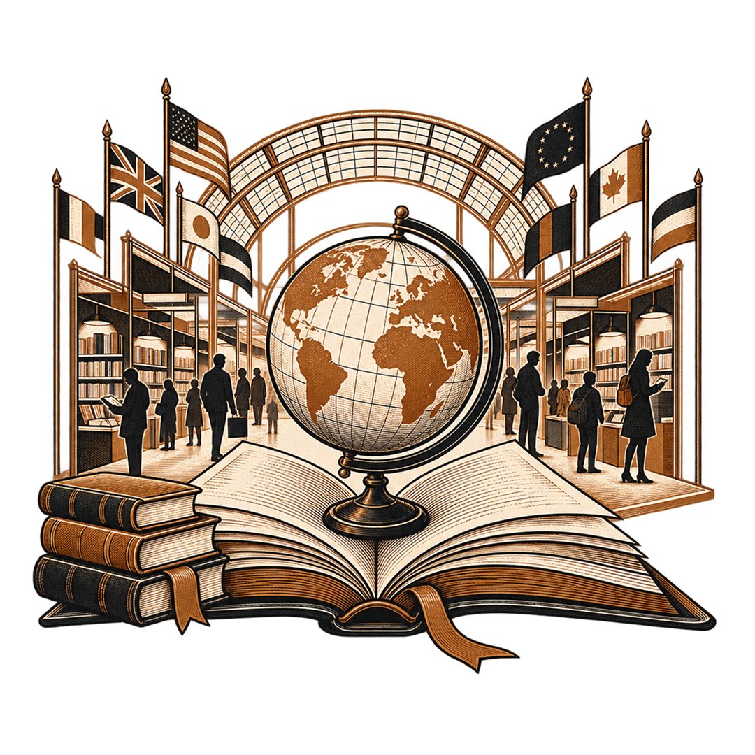A globe standing on an open book in front of an exhibition aisle of shelved stands, visitors browsing beneath a glazed arch hung with national flags
