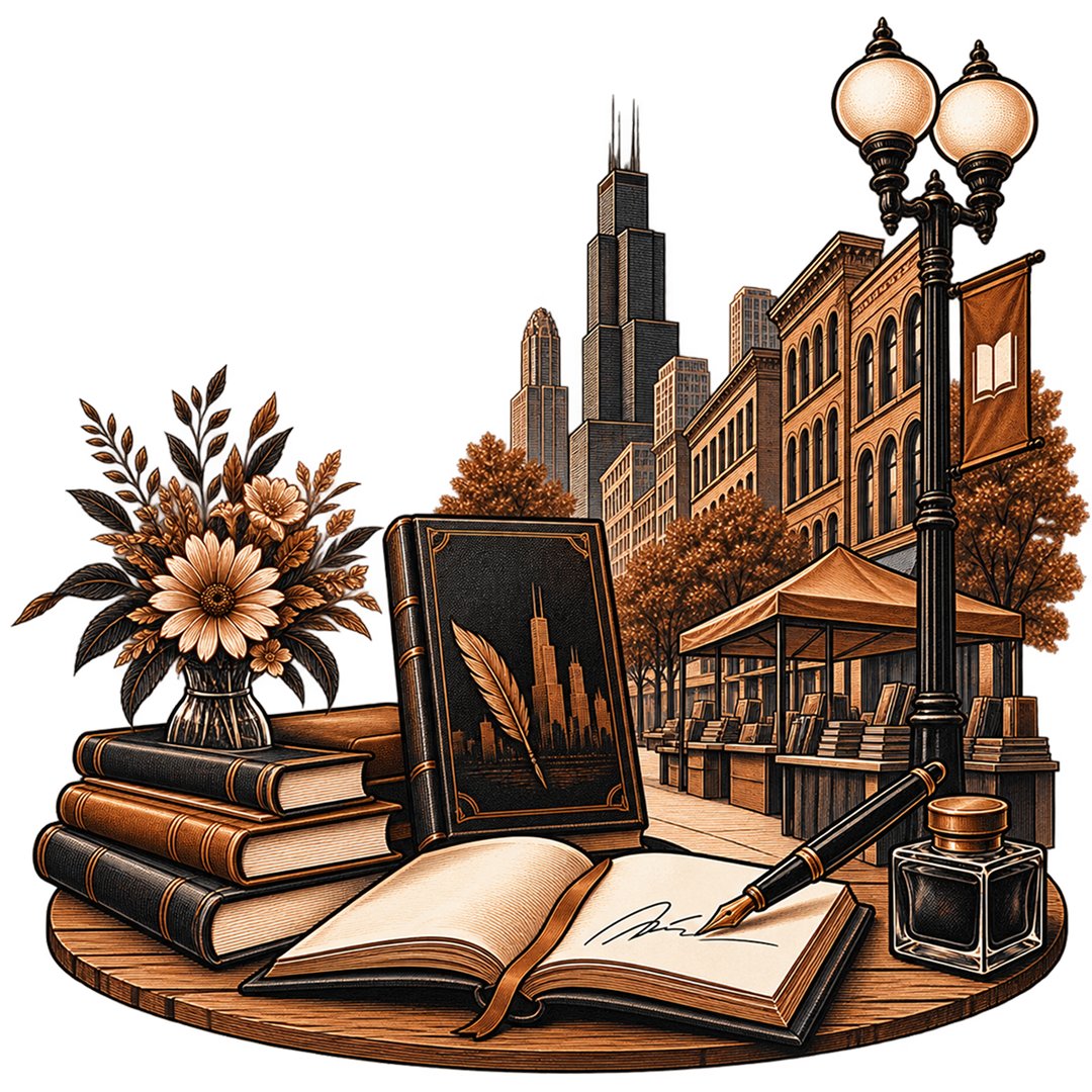 A signed open book, a standing cover and a fountain pen and inkwell on a round table, with book-fair stalls, a street banner and the Chicago skyline behind