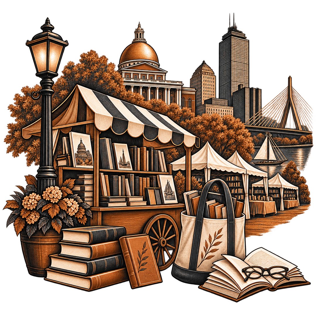 A striped festival stall of shelved books and framed prints beside a row of marquees along the water, the Boston skyline, State House dome and Zakim bridge behind, with stacked books, a tote bag and an open book in front