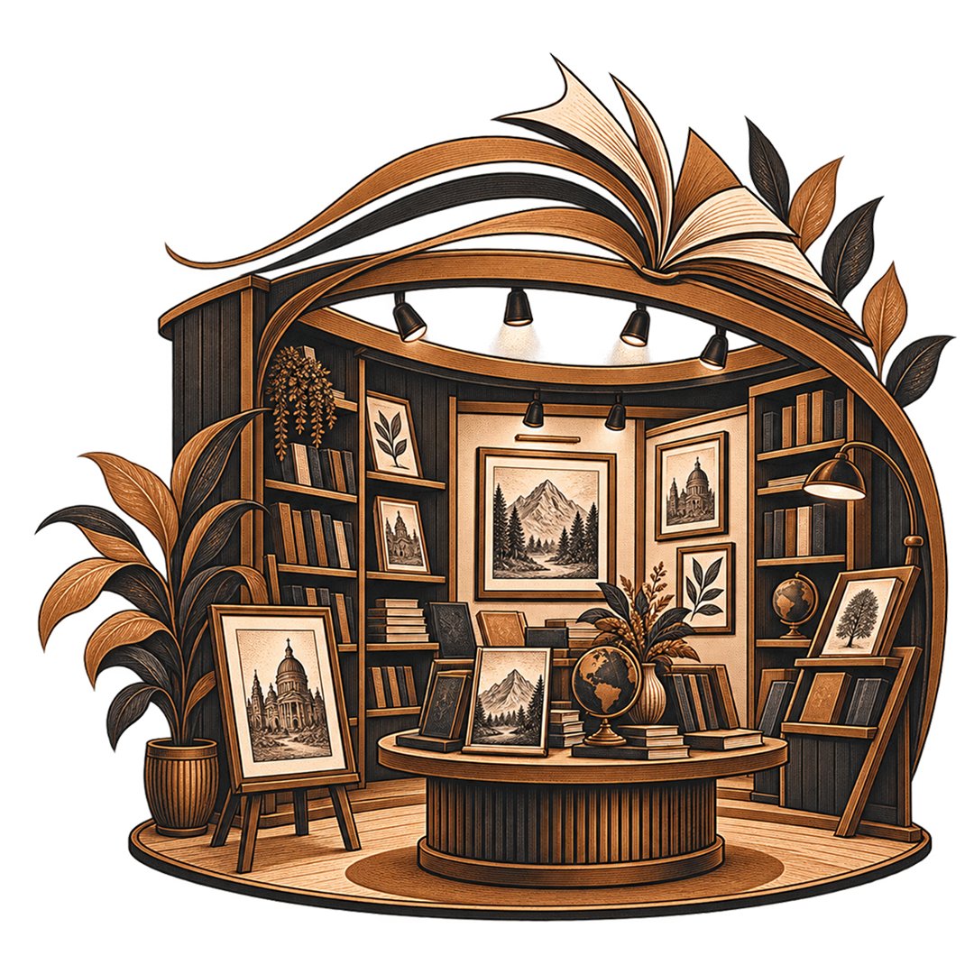 A curved timber gallery stand of bookshelves, framed prints on easels and a display table, lit by spotlights beneath an open book arching overhead