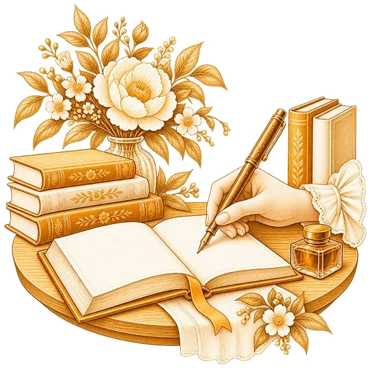 A signed open book on a bound volume with a fountain pen, beside a cup of coffee and a vase of lilies