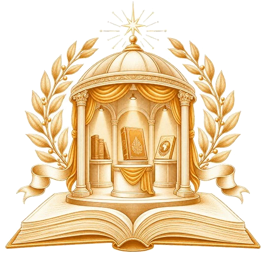 A domed pavilion of lit book displays standing on an open book, framed by a laurel wreath and a ribbon with a star above the dome