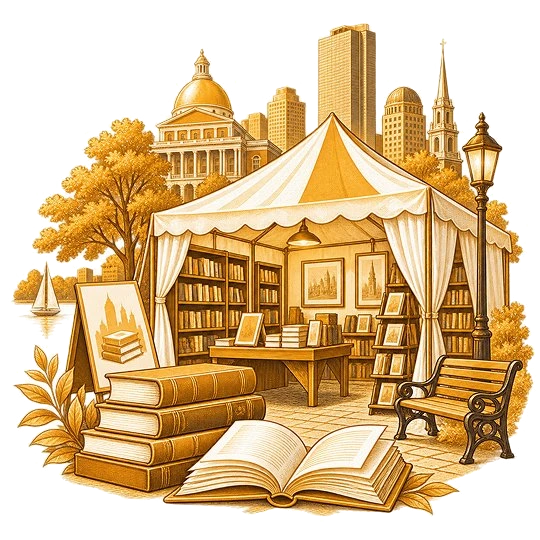 A festival marquee of bookshelves, a display table and a print rack, the Boston skyline, State House dome and a church spire behind, with stacked books and an open book in front