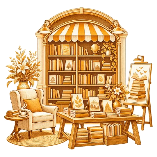 An awninged bookcase of shelved volumes and framed prints, with a display table, an easel and an armchair beside a reading lamp