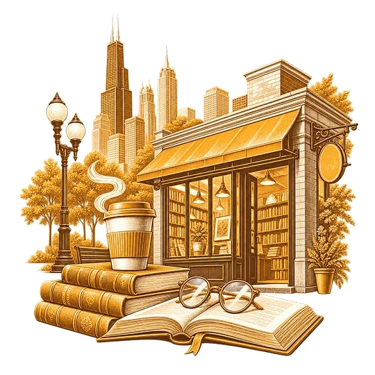 A lit bookshop front on a Chicago street, with stacked books, a coffee cup, reading glasses and an open book in front of it