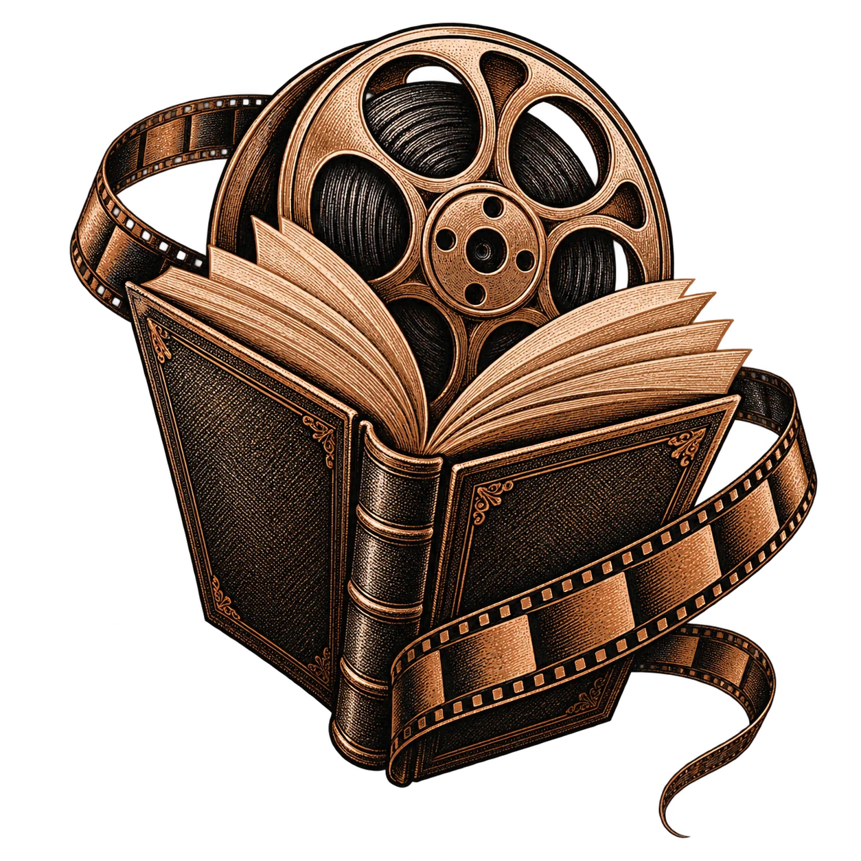 A film reel rising from an open book, with a strip of film wound around the covers