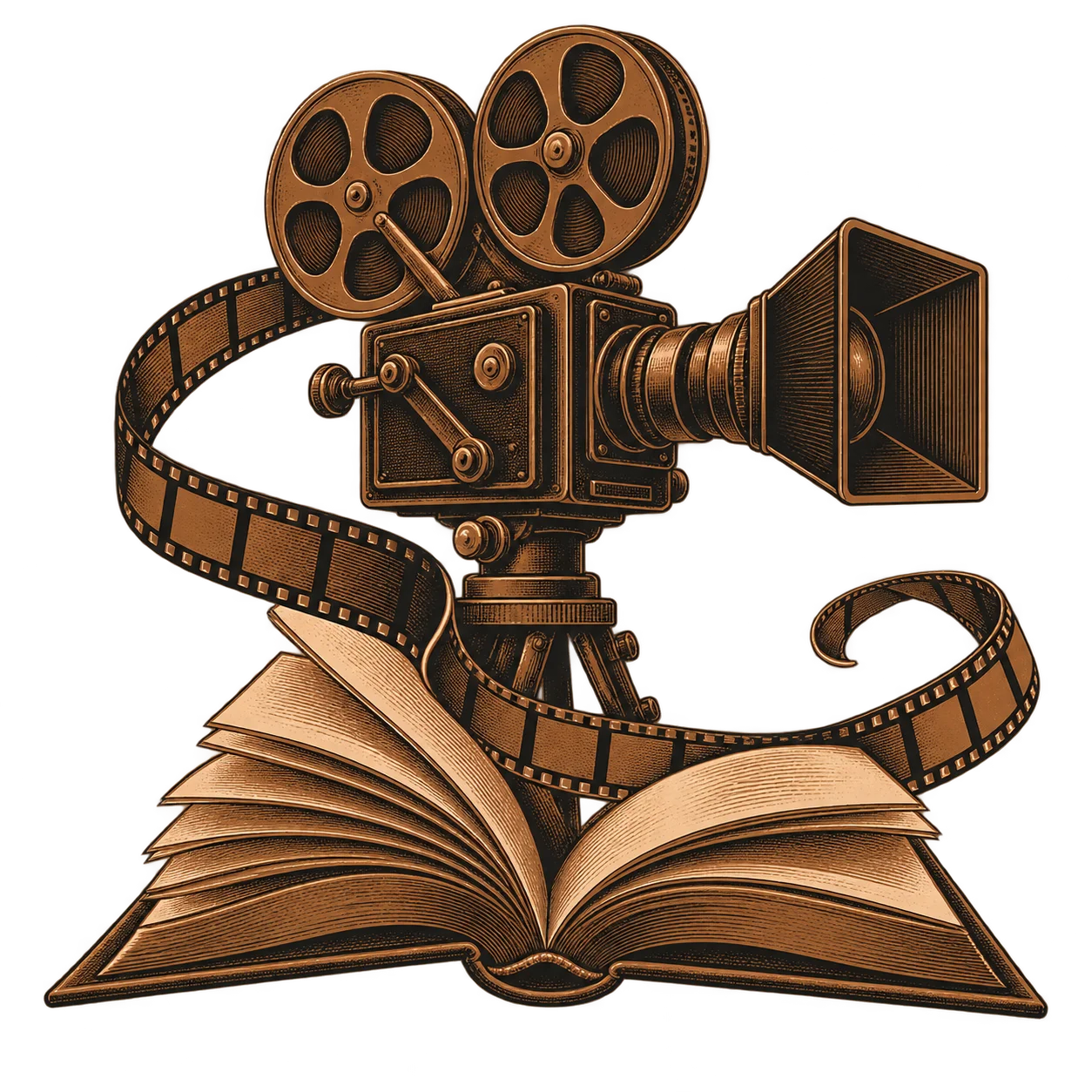 A film camera on a tripod above an open book, a strip of film winding between them
