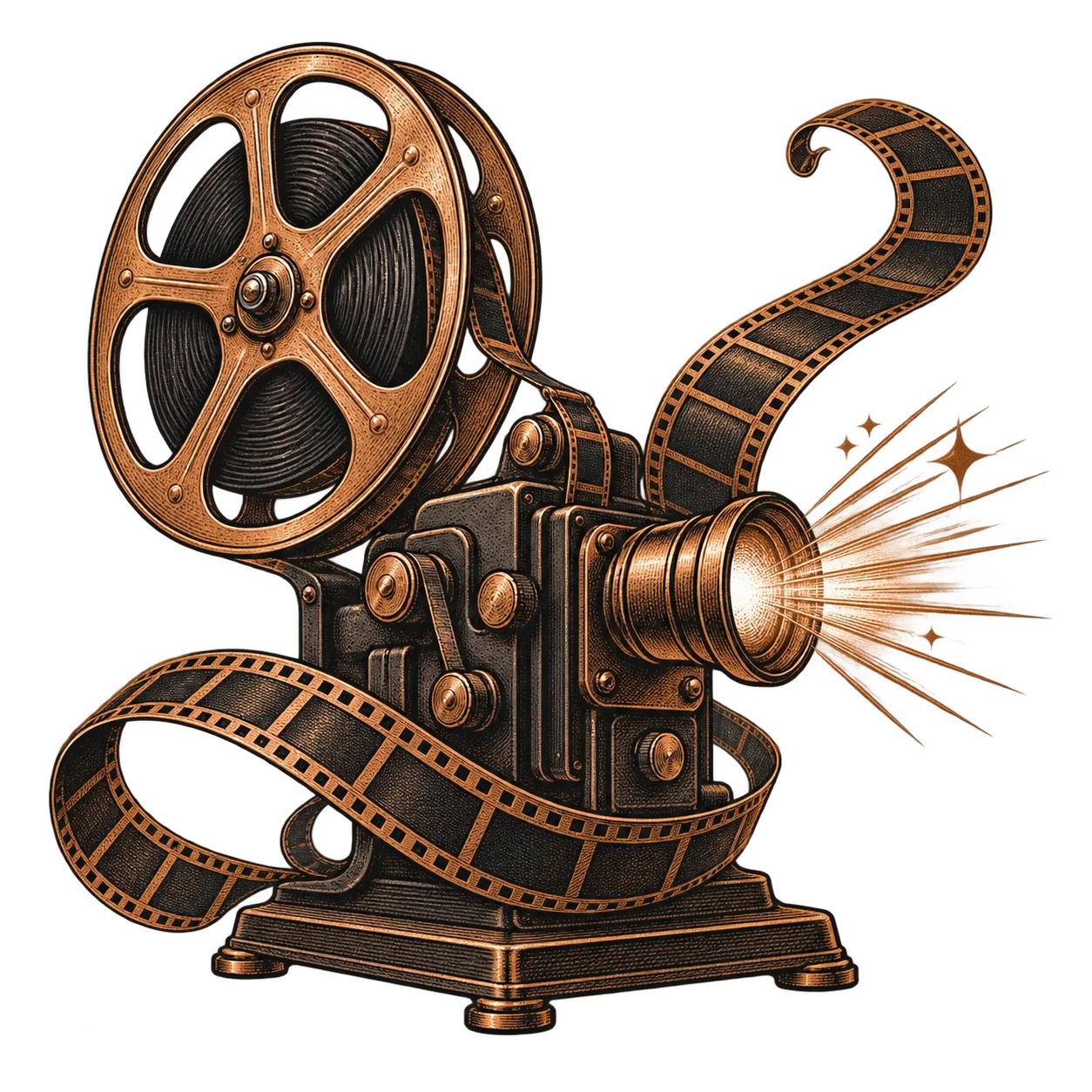 A film projector throwing a beam of light, its reel loaded and film trailing from it