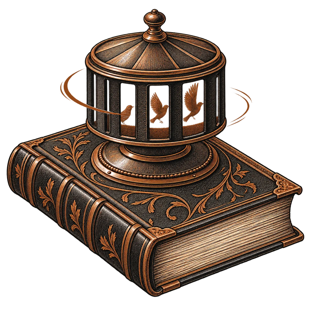 A zoetrope of birds in flight spinning on the cover of a bound book