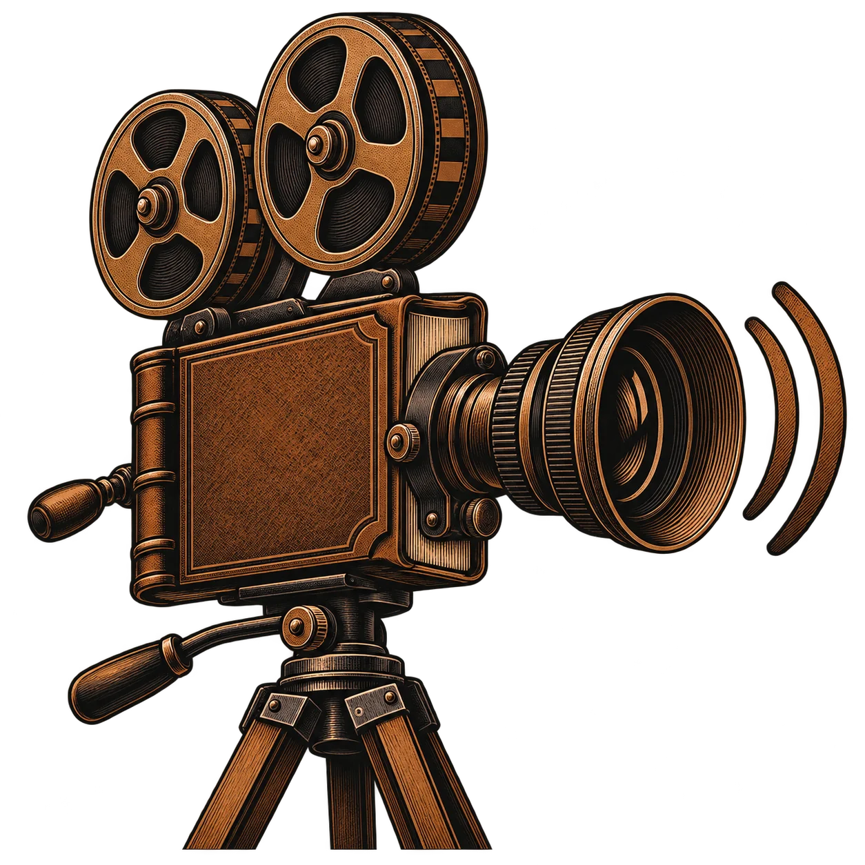 A film camera on a tripod with sound waves rising from its lens