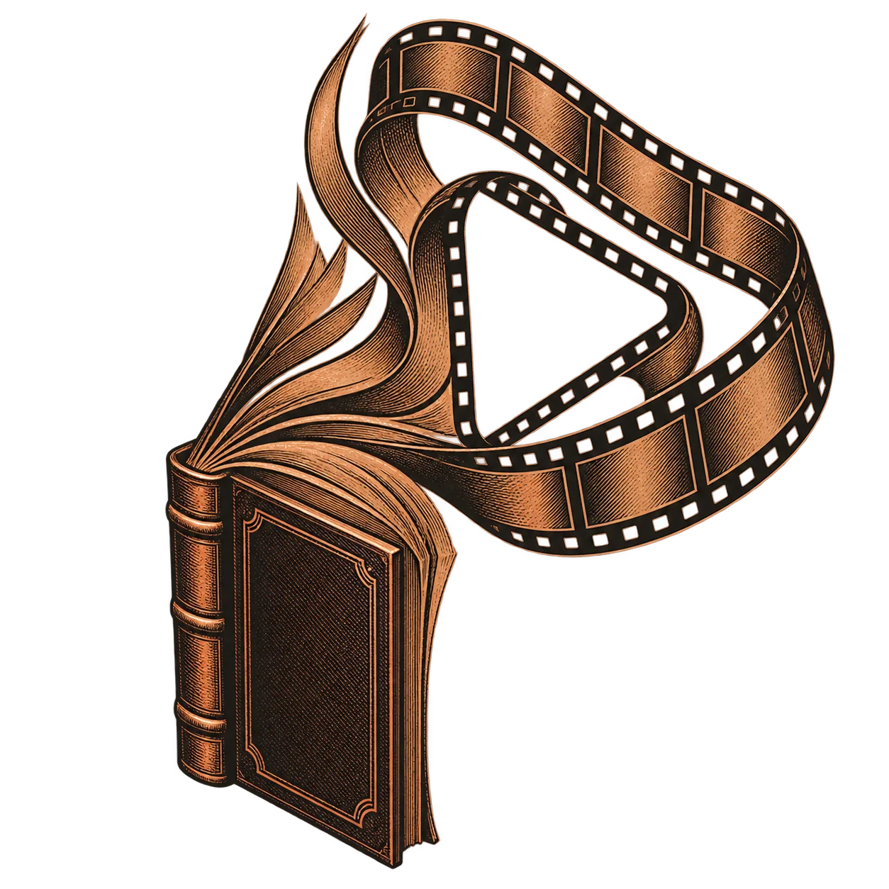 A book fanning open into a strip of film that loops into a play symbol