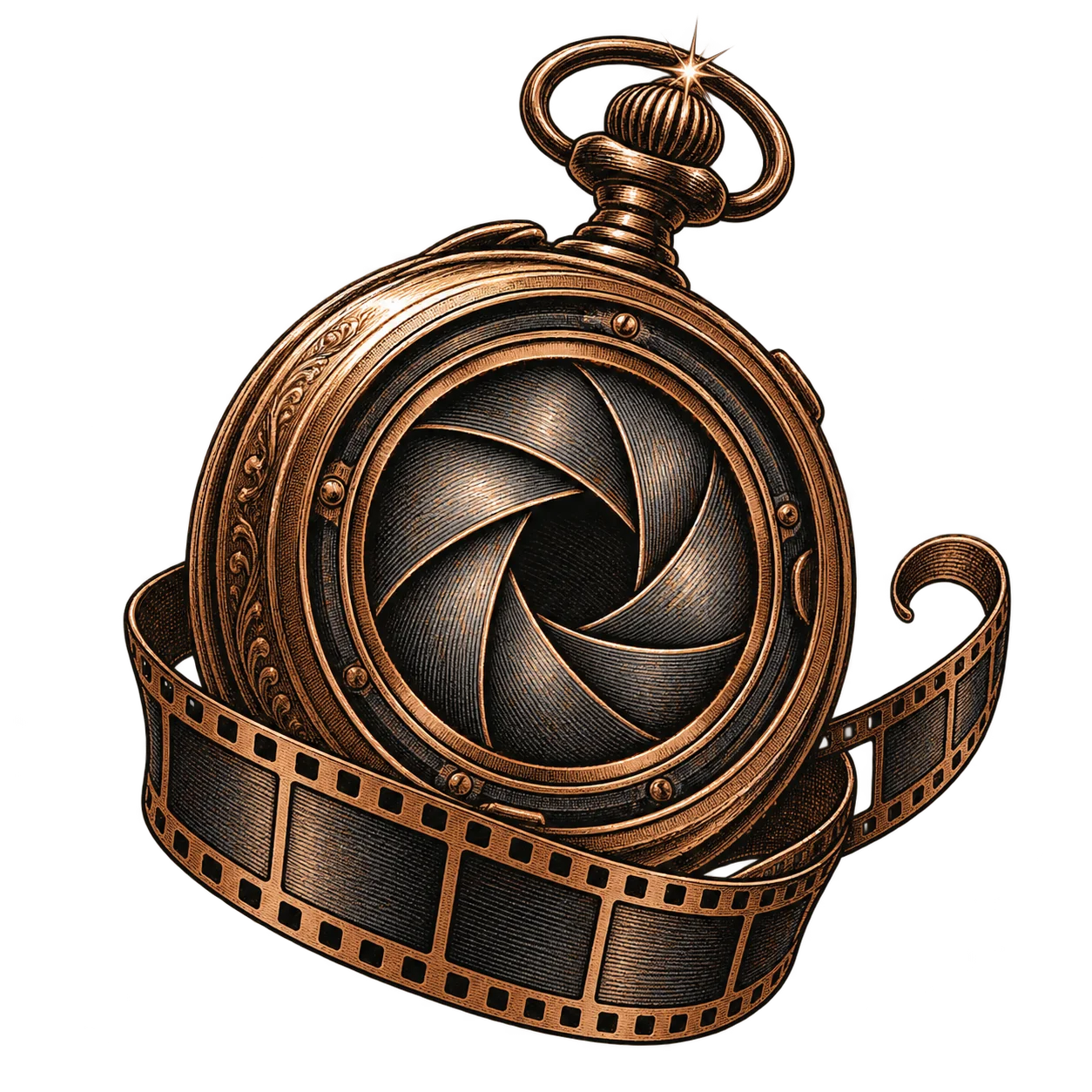 A pocket watch with a camera shutter for a face, wrapped in a strip of film