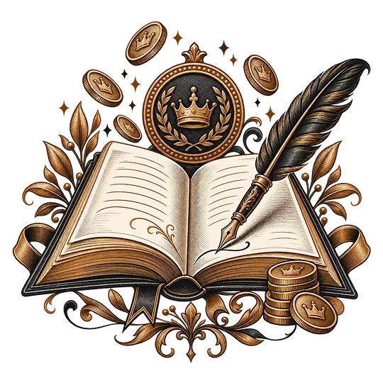 An open book drawn with a royalty crest and a quill