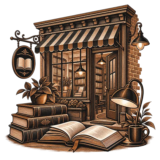 A bookshop storefront drawn with an open book and stacked stock