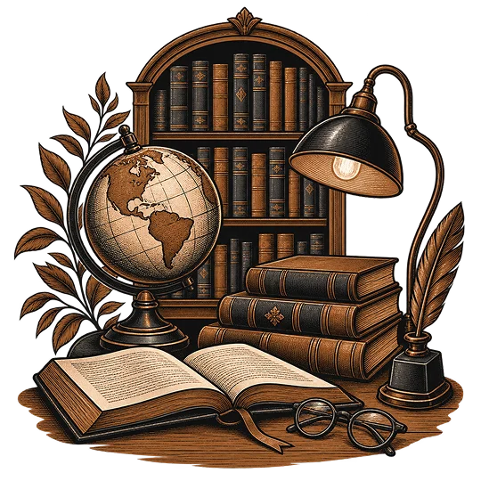 A library shelf drawn with a globe, a reading lamp and an open book