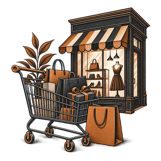 A bookshop front drawn with a trolley and carrier bags of books