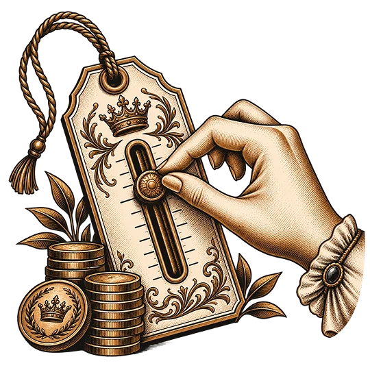A price tag drawn with a hand setting the figure beside stacked coins