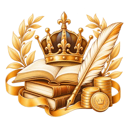 An open book drawn beneath a crown, a quill and a laurel wreath