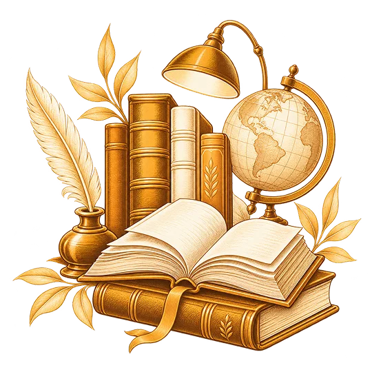 Library books drawn with a globe, a reading lamp and an open volume